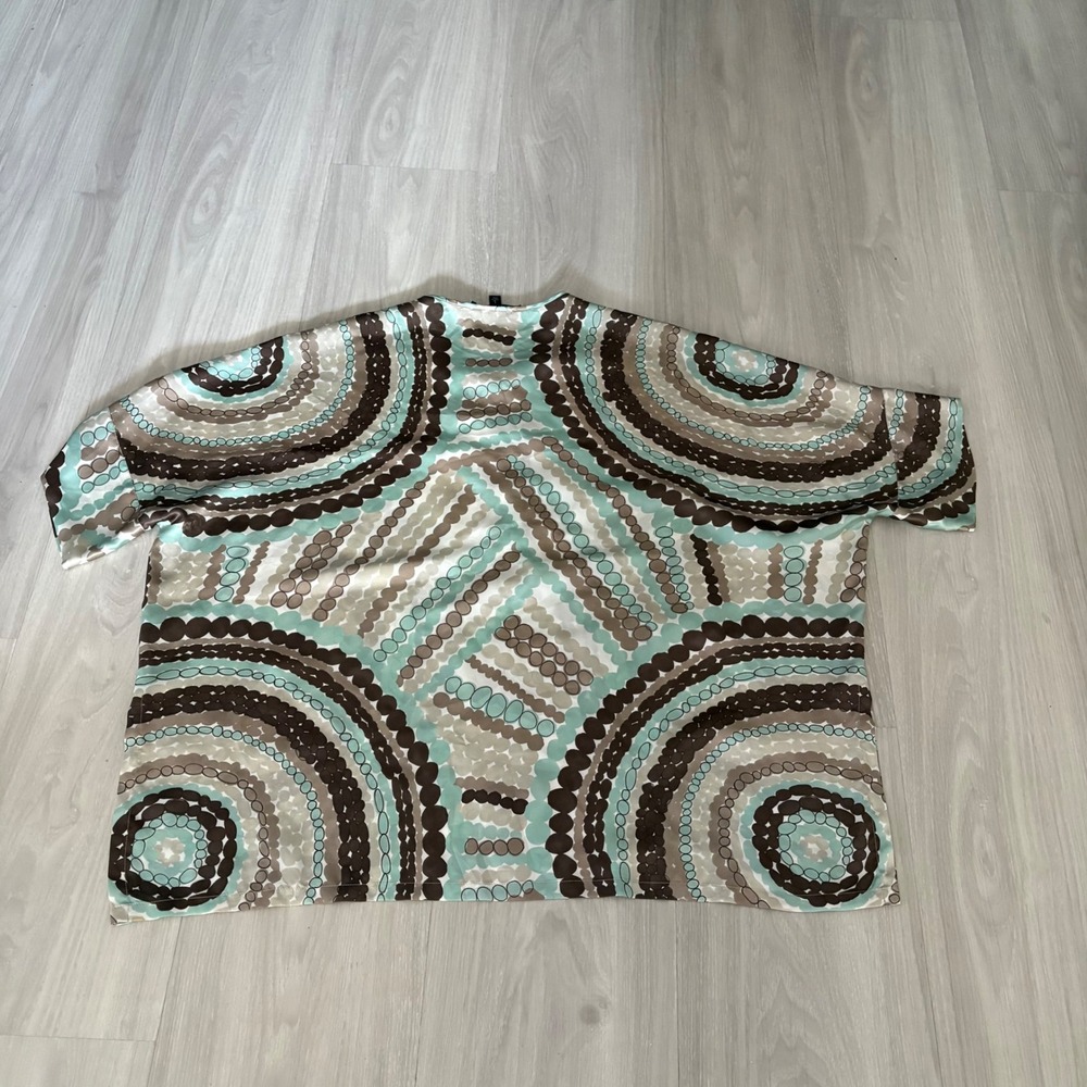 Lafayette 148 New York Women Blouse Silk Geometric Circle Print Teal Brown Siz L - Picture 6 of 9